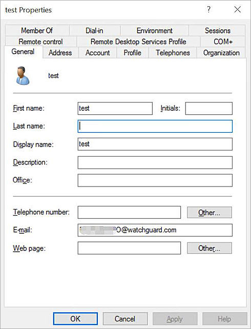Screen shot of the Test Properties dialog box, General tab, Email text box